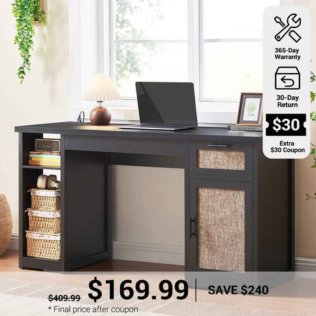 SEDETA® 55.1 Inch Rattan Farmhouse Computer Desk with Drawers Storage Cabinet and Power Outlets for Home Office
