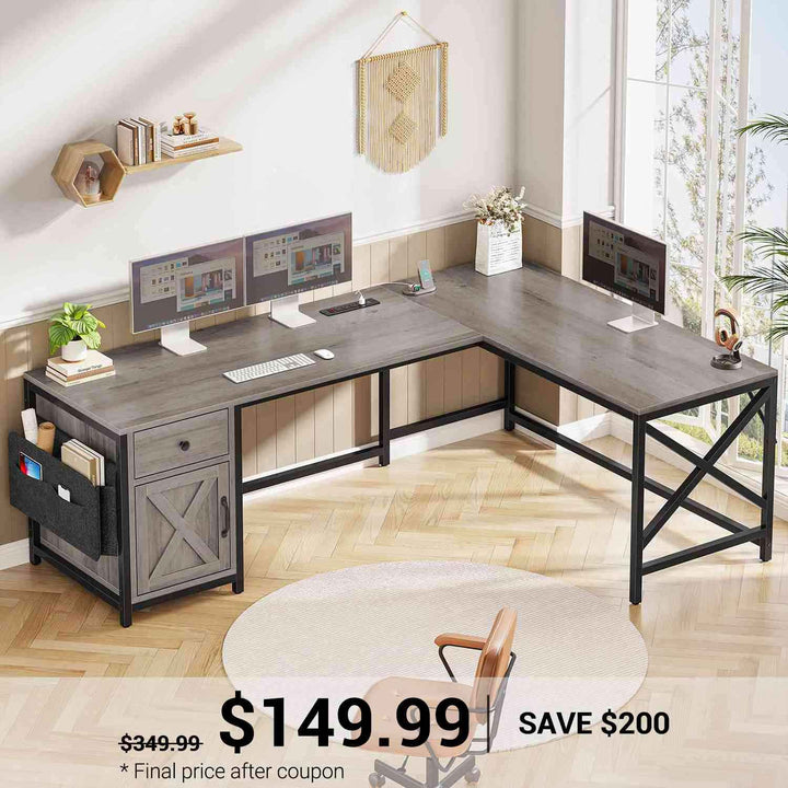 SEDETA 63 Inch L Shaped Corner Desk Convertible Long Home Office Desk with Storage Cabinet