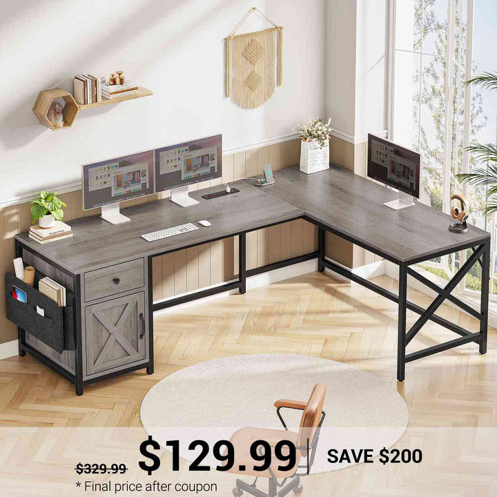 SEDETA® 63 Inch Farmhouse Computer Desk L Shaped Convertible Long Office Desk with Drawer Storage Cabinet and Power Strip