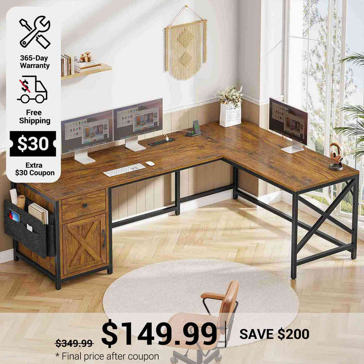SEDETA 63 Inch L Shaped Corner Desk Convertible Long Home Office Desk with Storage Cabinet