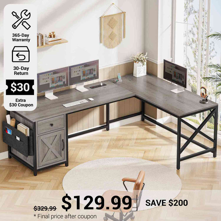 SEDETA® 63 Inch Farmhouse Computer Desk L Shaped Convertible Long Office Desk with Drawer Storage Cabinet and Power Strip