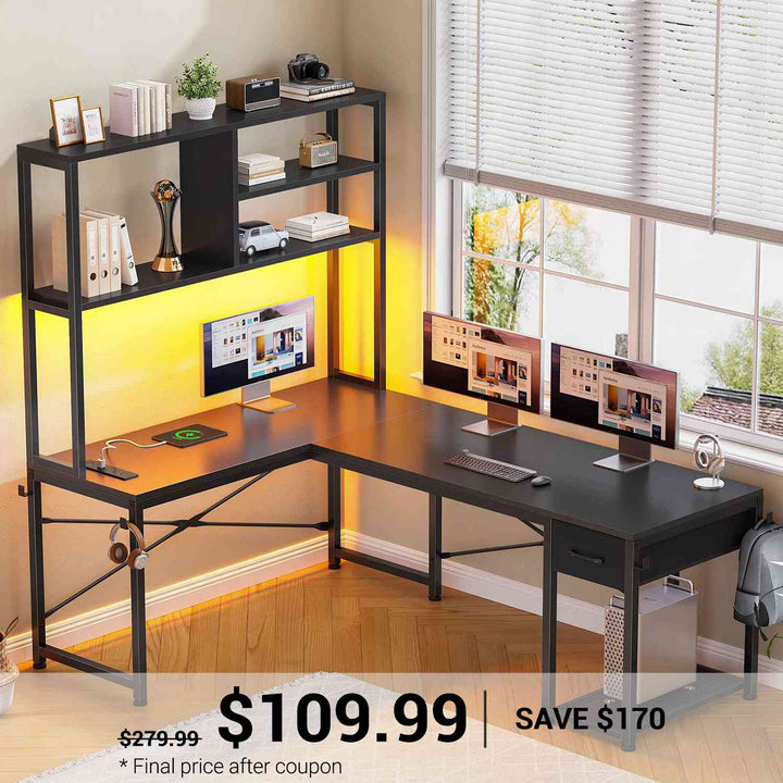 SEDETA | 51.2 Inch L Shaped Gaming Desk Small Computer Desk with Drawer LED Lights and Storage