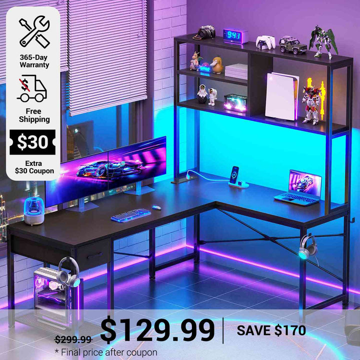 SEDETA 51.2 Inch Reversible L shaped Gaming Desk Small Corner Desk with Drawer and Storage Shelves