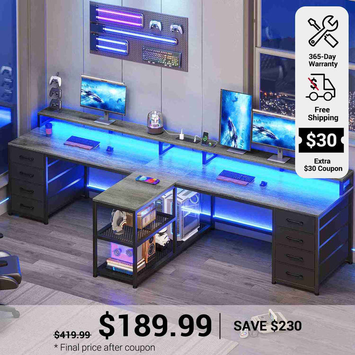 SEDETA 94.5 Inch 2 Person Gaming Desk Long Office Computer Desk with LED Lights 8 Storage Drawers Power Outlet