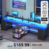 SEDETA® 94.5 Inch Long Office Computer Desk 2 Person Gaming Desk with Monitor Stand LED Lights 8 Drawers and Power Strip