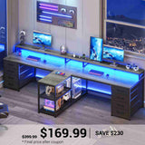 SEDETA | 94.5 Inch 2 Person Gaming Desk with Power Strip 8 Drawers Long Office Computer Desk LED Lights and Monitor Stand