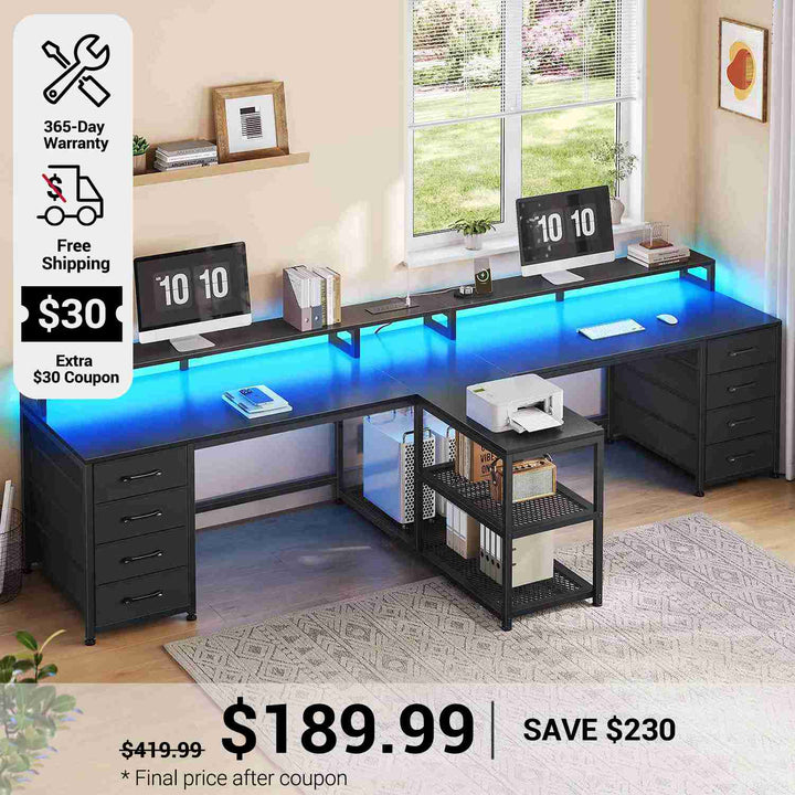 SEDETA 94.5 Inch 2 Person Gaming Desk Long Office Computer Desk with LED Lights 8 Storage Drawers Power Outlet