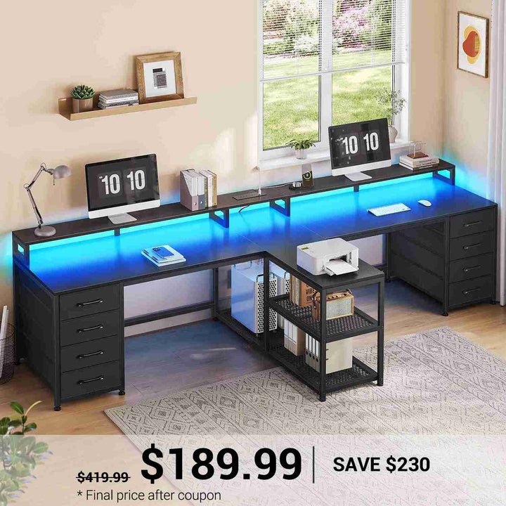 SEDETA 94.5 Inch 2 Person Gaming Desk Long Office Computer Desk with LED Lights 8 Storage Drawers Power Outlet