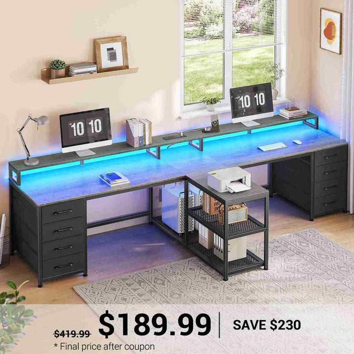 SEDETA 94.5 Inch 2 Person Gaming Desk Long Office Computer Desk with LED Lights 8 Storage Drawers Power Outlet