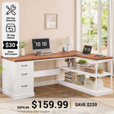 SEDETA® 57.9 Inch Farmhouse L Shaped Computer Desk with Storage Shelves and File Drawers for Home Office