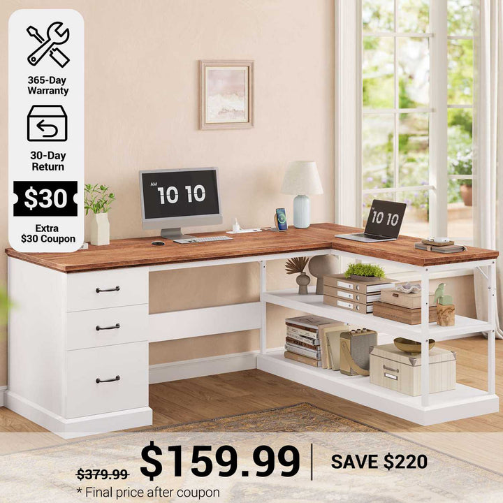SEDETA® 57.9 Inch Farmhouse L Shaped Computer Desk with Storage Shelves and File Drawers for Home Office