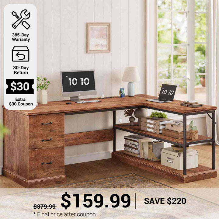 SEDETA® 57.9 Inch Farmhouse L Shaped Computer Desk with Storage Shelves and File Drawers for Home Office