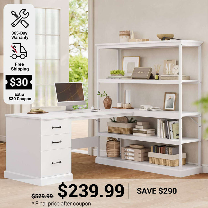 SEDETA 57.1 Inch L Shaped Computer Desk with Shelves Farmhouse Home Office Desks with Drawers Shelves Power Outlets
