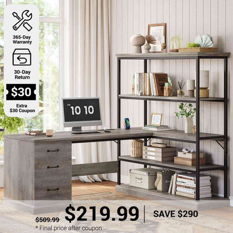 SEDETA® 57.1 Inch Farmhouse L Shaped Computer Desk with Power Outlets Drawers and Storage Shelves for Home Office