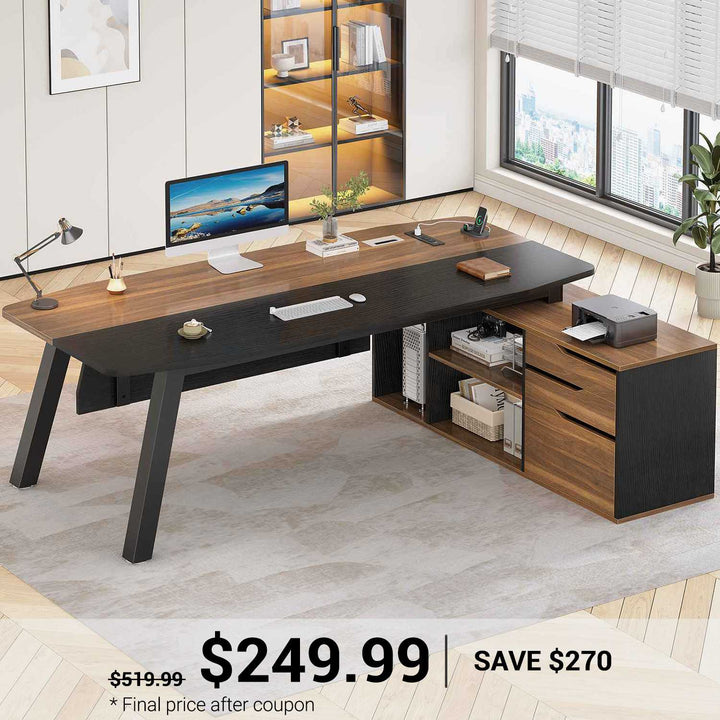 SEDETA 71 Inch Executive Desk with File Cabinet Office Desk with Drawers and Shelves L Shaped Computer Desk with Power Outlets