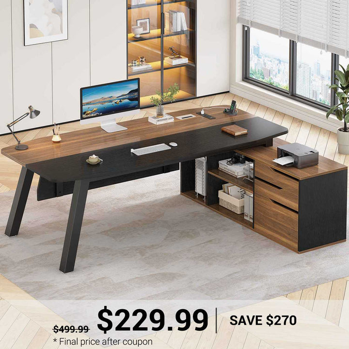 SEDETA® 71 Inch Office Executive Desk L Shaped Computer Desk with Power Outlets Drawers and Shelves