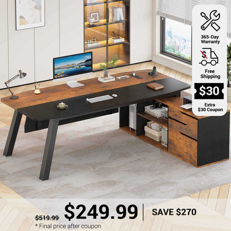 SEDETA 71 Inch Executive Desk with File Cabinet Office Desk with Drawers and Shelves L Shaped Computer Desk with Power Outlets