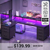 SEDETA® 58 Inch Reversible L Shaped Gaming Desk with LED Lights Computer Desk with 7 Drawers and Power Outlet for Small Space