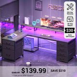 SEDETA® 58 Inch Reversible L Shaped Gaming Desk with LED Lights Computer Desk with 7 Drawers and Power Outlet for Small Space