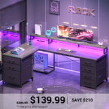 SEDETA | 58 Inch Reversible Computer Desk L Shaped Gaming Desk with LED Lights 7 Drawers and Power Outlet