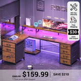 SEDETA 58 Inch L Shaped Gaming Desk with LED Lights Reversible Computer Desk with 7 Drawers and Power Outlet