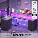 SEDETA 58 Inch L Shaped Gaming Desk with LED Lights Reversible Computer Desk with 7 Drawers and Power Outlet