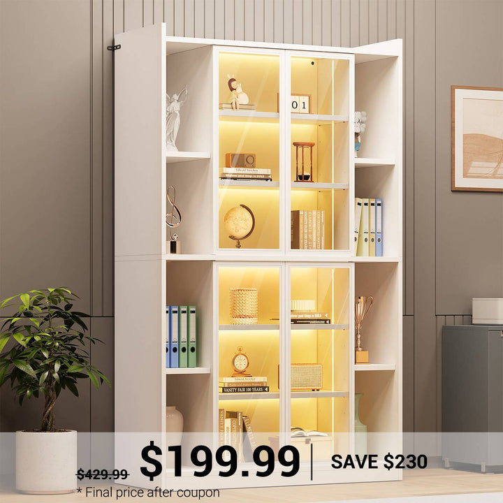 SEDETA 64 Inch Display Cabinet with Glass Doors 6 Tier Tall Bookcase with LED Lights Curio Cabinet with Adjustable Shelves