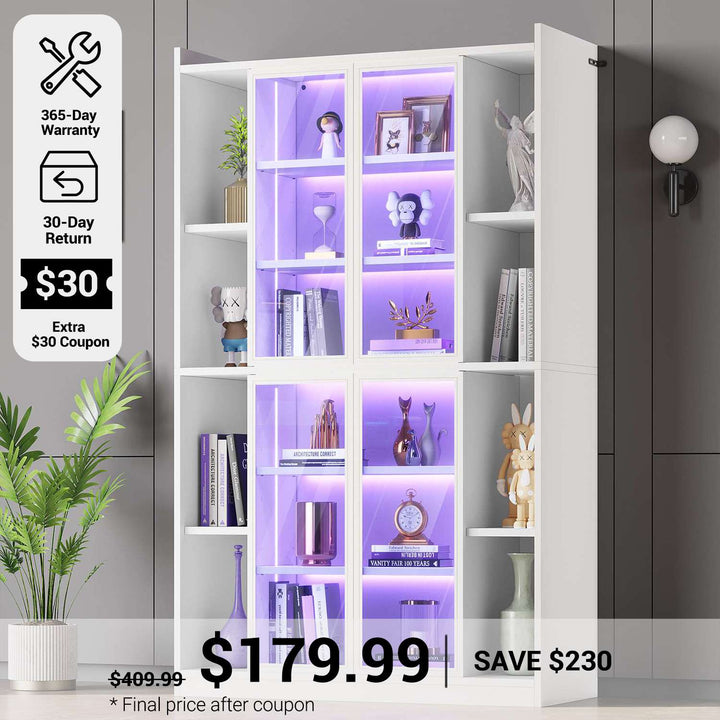 SEDETA® 64 Inch Bookcase with LED Lights Acrylic Transparent Display Cabinet with Glass Doors Curio Cabinet Adjustable Shelves