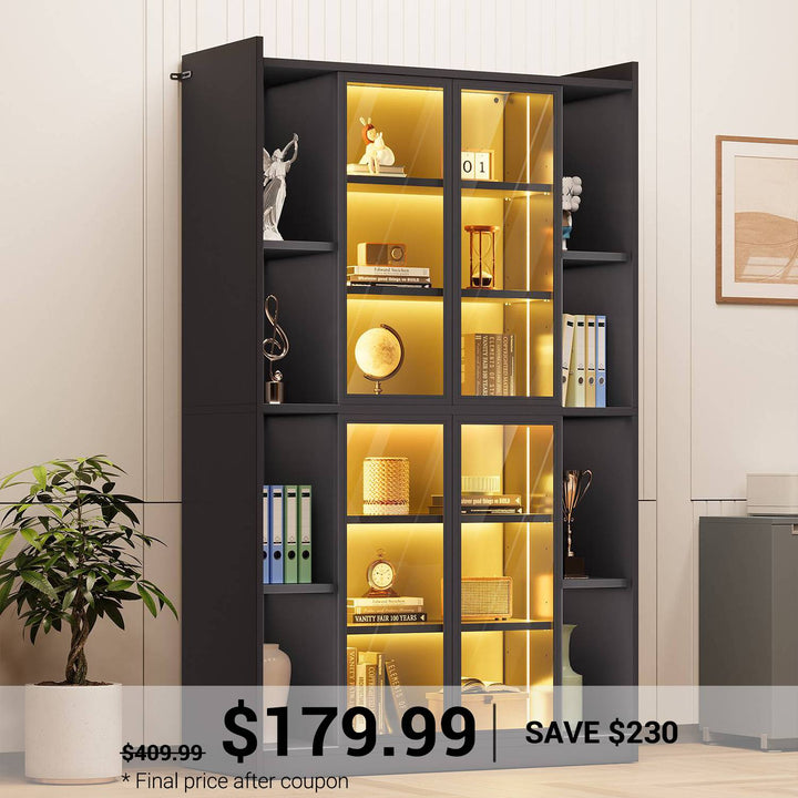 SEDETA | 64 Inch Bookcase with LED Lights Display Cabinet for Collectibles with Glass Doors Adjustable Storage Shelves