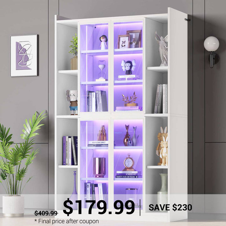 SEDETA | 64 Inch Bookcase with LED Lights Display Cabinet for Collectibles with Glass Doors Adjustable Storage Shelves