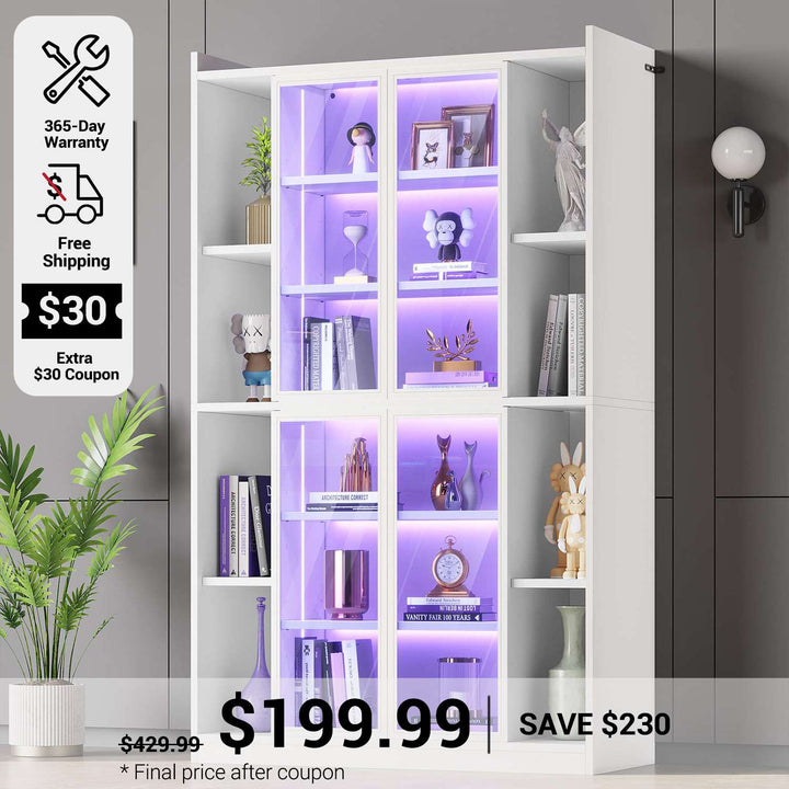 SEDETA 64 Inch Display Cabinet with Glass Doors 6 Tier Tall Bookcase with LED Lights Curio Cabinet with Adjustable Shelves
