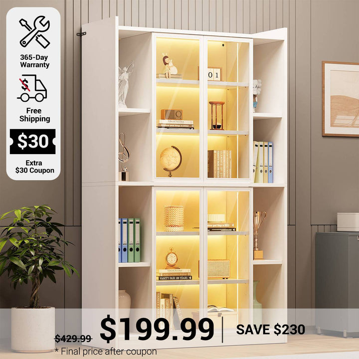 SEDETA 64 Inch Display Cabinet with Glass Doors 6 Tier Tall Bookcase with LED Lights Curio Cabinet with Adjustable Shelves