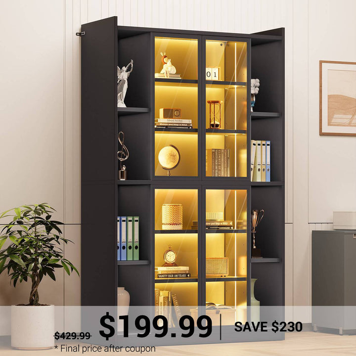 SEDETA 64 Inch Display Cabinet with Glass Doors 6 Tier Tall Bookcase with LED Lights Curio Cabinet with Adjustable Shelves