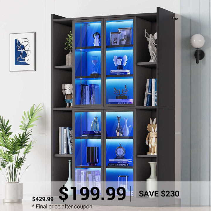SEDETA 64 Inch Display Cabinet with Glass Doors 6 Tier Tall Bookcase with LED Lights Curio Cabinet with Adjustable Shelves