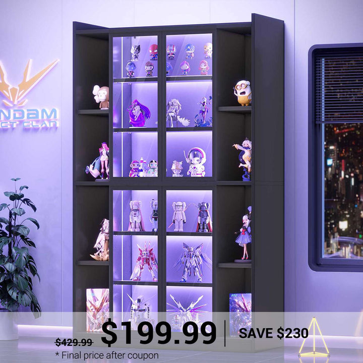 SEDETA 64 Inch Display Cabinet with Glass Doors 6 Tier Tall Bookcase with LED Lights Curio Cabinet with Adjustable Shelves