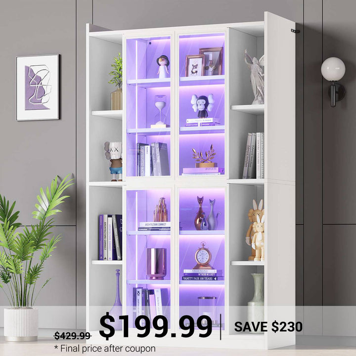 SEDETA 64 Inch Display Cabinet with Glass Doors 6 Tier Tall Bookcase with LED Lights Curio Cabinet with Adjustable Shelves