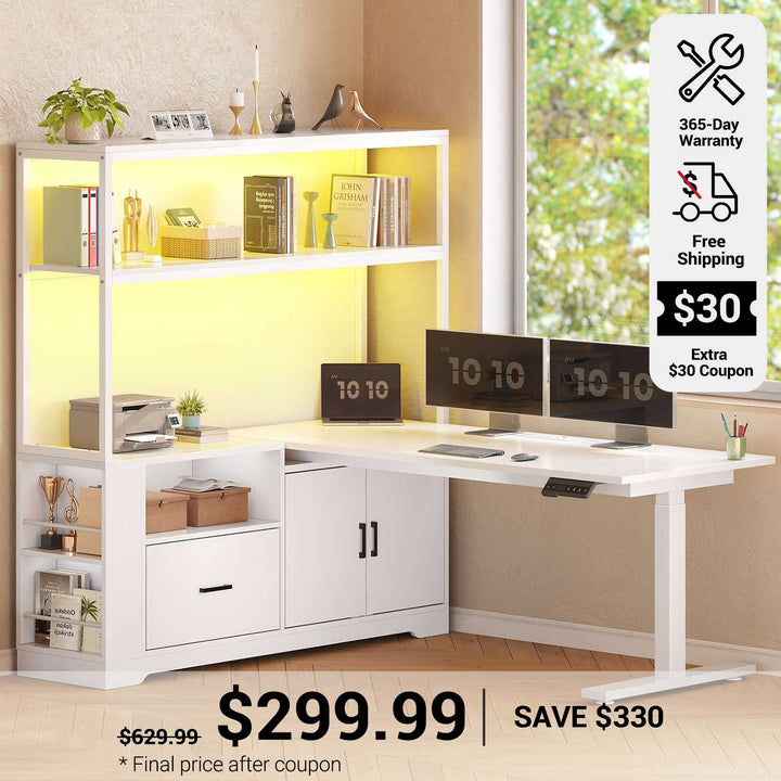 SEDETA 48.6 Inch Standing Desk Height Adjustable Electric L Shaped Stand Up Computer Gaming Desk with Drawers Hutch Power Outlets