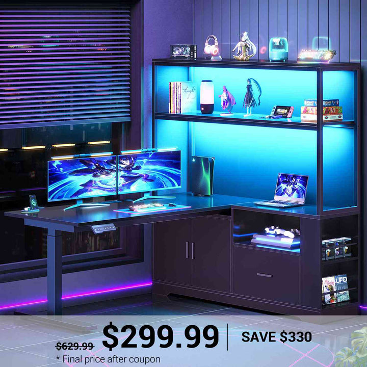 SEDETA 48.6 Inch Standing Desk Height Adjustable Electric L Shaped Stand Up Computer Gaming Desk with Drawers Hutch Power Outlets