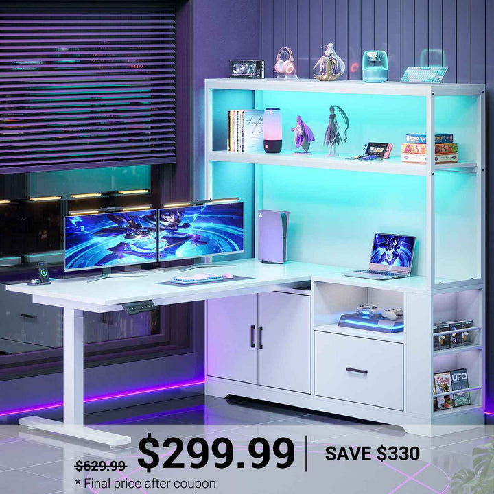 SEDETA 48.6 Inch Standing Desk Height Adjustable Electric L Shaped Stand Up Computer Gaming Desk with Drawers Hutch Power Outlets