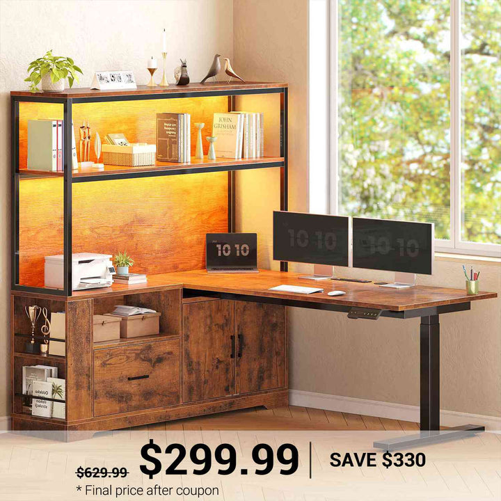 SEDETA 48.6 Inch Standing Desk Height Adjustable Electric L Shaped Stand Up Computer Gaming Desk with Drawers Hutch Power Outlets