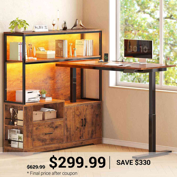 SEDETA 48.6 Inch Standing Desk Height Adjustable Electric L Shaped Stand Up Computer Gaming Desk with Drawers Hutch Power Outlets