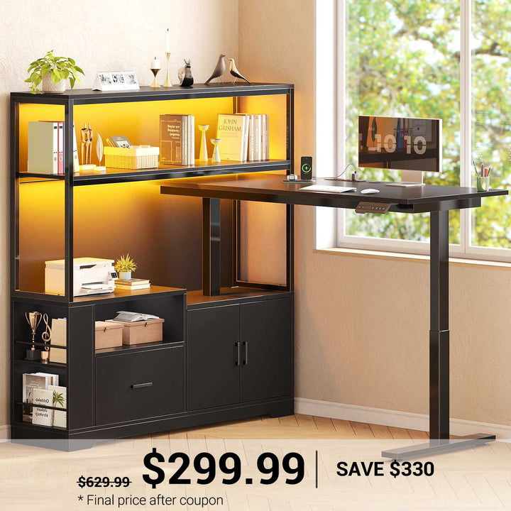 SEDETA 48.6 Inch Standing Desk Height Adjustable Electric L Shaped Stand Up Computer Gaming Desk with Drawers Hutch Power Outlets