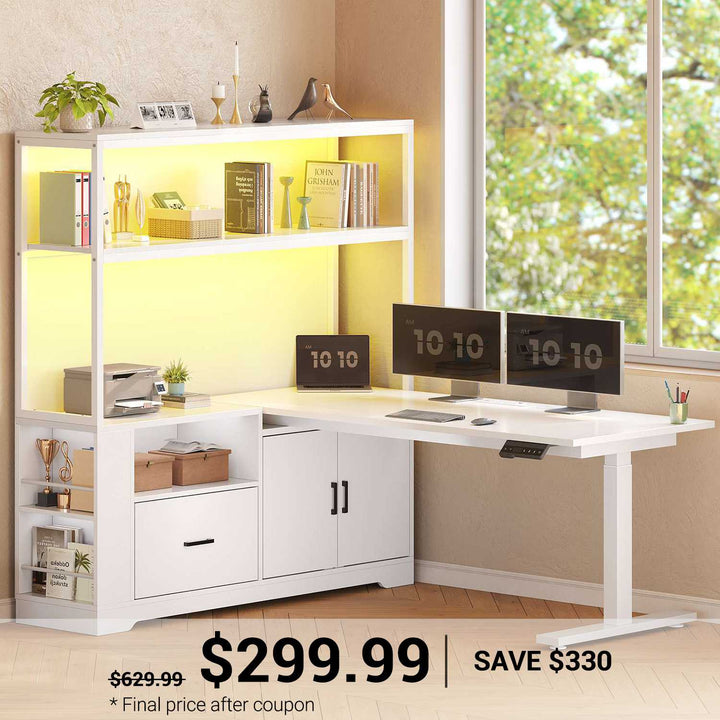 SEDETA 48.6 Inch Standing Desk Height Adjustable Electric L Shaped Stand Up Computer Gaming Desk with Drawers Hutch Power Outlets