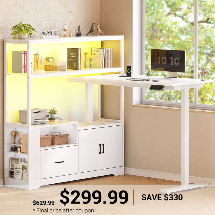 SEDETA 48.6 Inch Standing Desk Height Adjustable Electric L Shaped Stand Up Computer Gaming Desk with Drawers Hutch Power Outlets