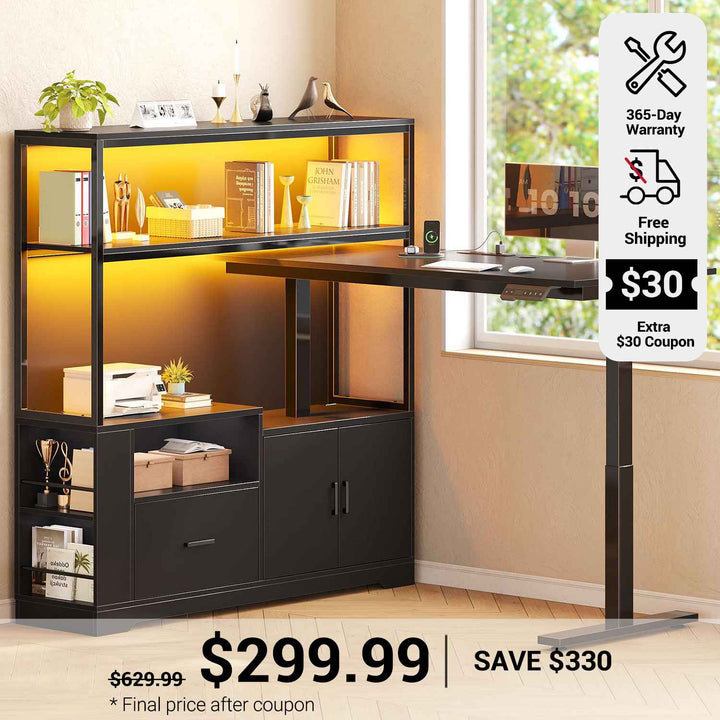 SEDETA 48.6 Inch Standing Desk Height Adjustable Electric L Shaped Stand Up Computer Gaming Desk with Drawers Hutch Power Outlets