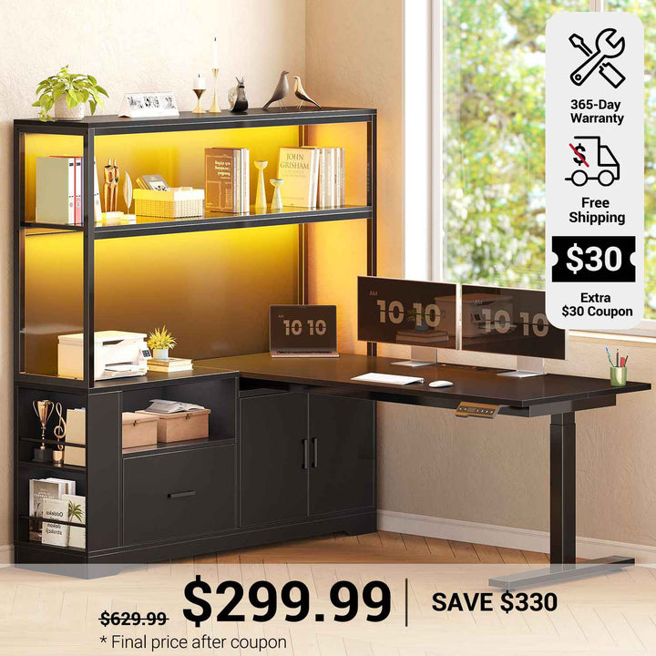 SEDETA 48.6 Inch Standing Desk Height Adjustable Electric L Shaped Stand Up Computer Gaming Desk with Drawers Hutch Power Outlets