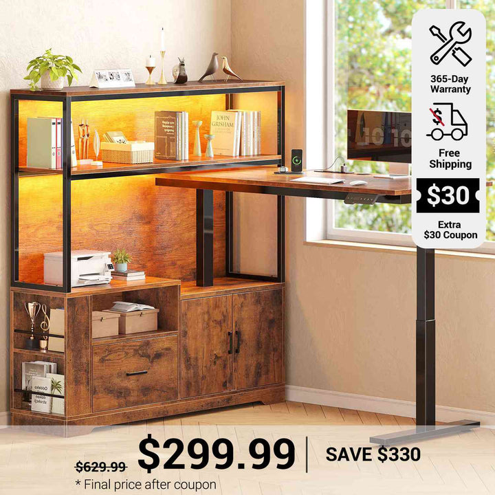 SEDETA 48.6 Inch Standing Desk Height Adjustable Electric L Shaped Stand Up Computer Gaming Desk with Drawers Hutch Power Outlets