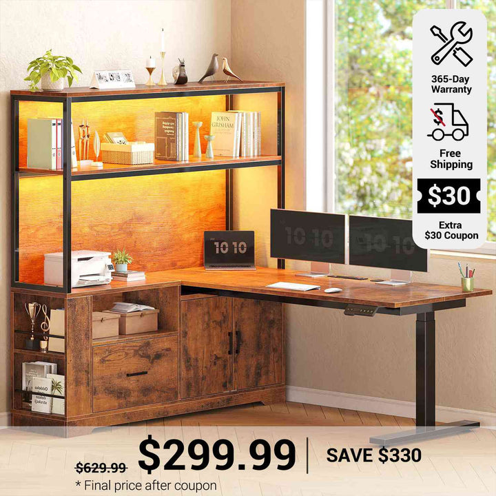 SEDETA 48.6 Inch Standing Desk Height Adjustable Electric L Shaped Stand Up Computer Gaming Desk with Drawers Hutch Power Outlets
