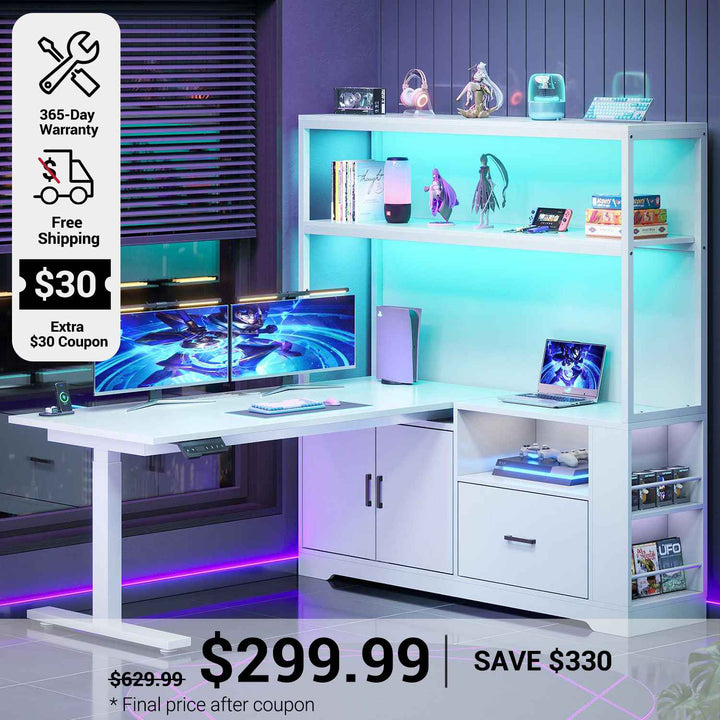 SEDETA 48.6 Inch Standing Desk Height Adjustable Electric L Shaped Stand Up Computer Gaming Desk with Drawers Hutch Power Outlets