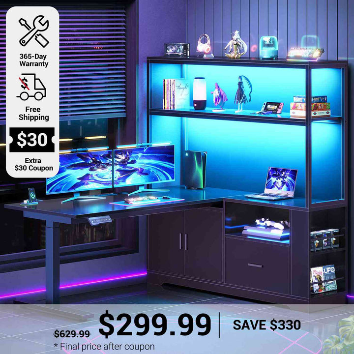 SEDETA 48.6 Inch Standing Desk Height Adjustable Electric L Shaped Stand Up Computer Gaming Desk with Drawers Hutch Power Outlets